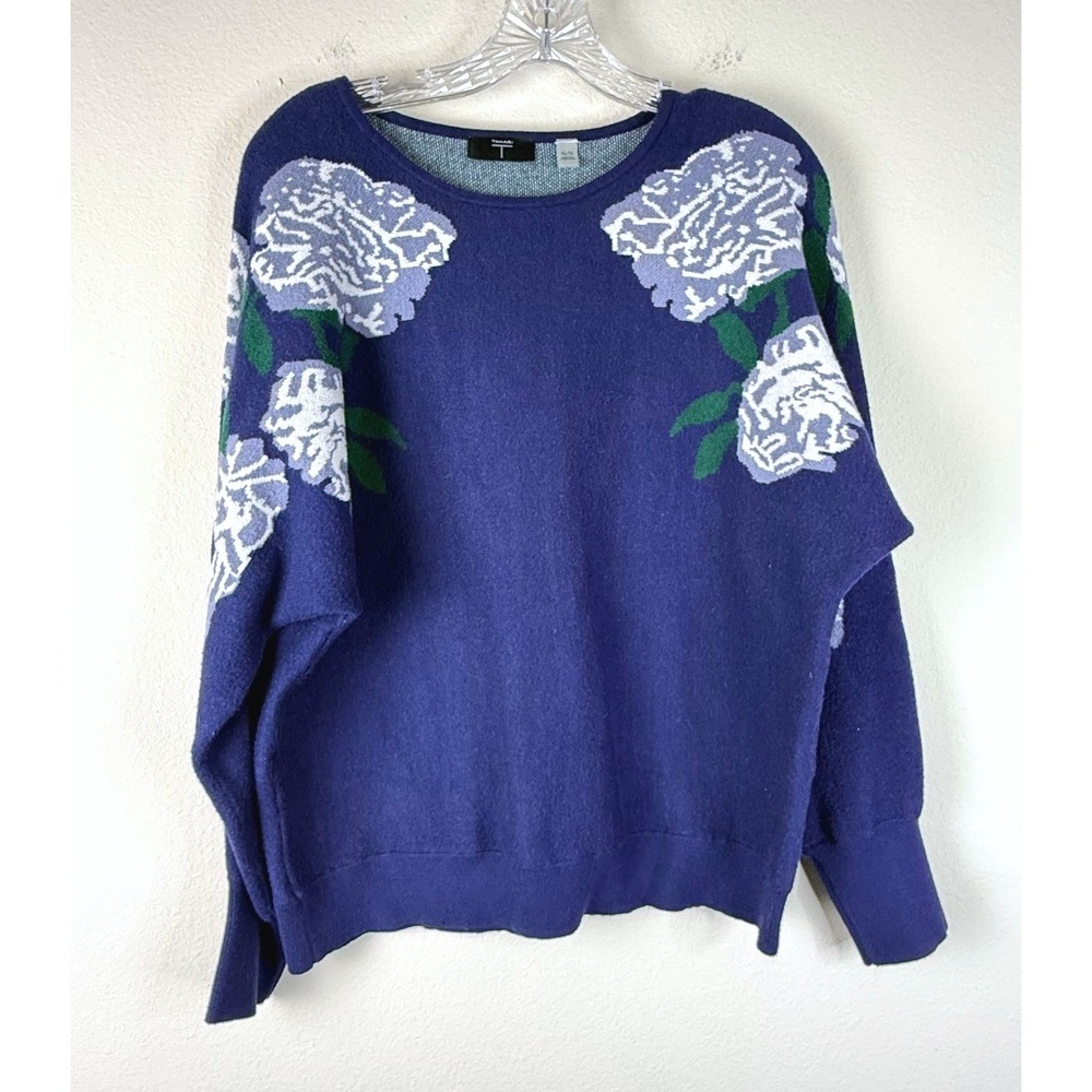 Tahari Sweater Women XL Blue Floral Rose Intarsia Dolman Sleeve Knit Pullover